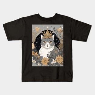 Royal Feline - Cat with Crown and Flowers Kids T-Shirt